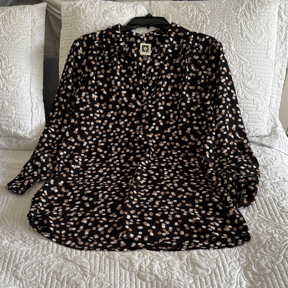 Anne Klein Black, Tan, and White Dotted Blouse